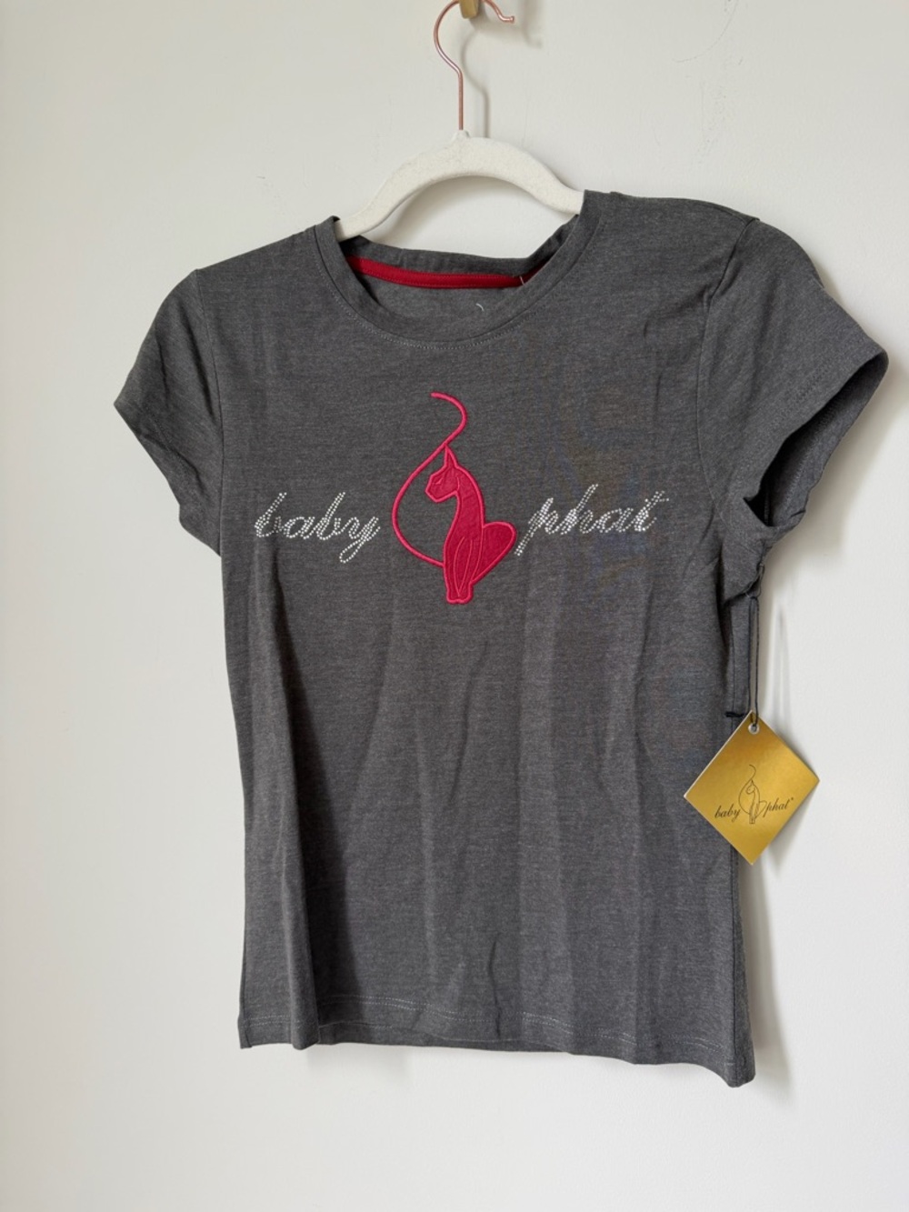 Baby Phat Dark Gray Graphic Tee with burgundy rhinestone Logo
